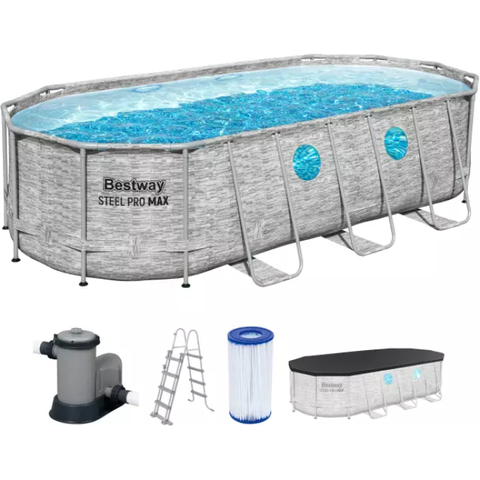 Каркасный бассейн BESTWAY POWER STEEL Ротанг 549х274х122см, 13430л + фильтр-насос 5678 л/ч, лестница, тент 56716 BW